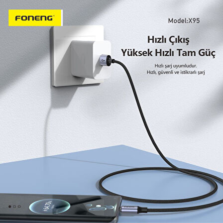 Foneng X95 3A Usb to Lightning Şarj Data Kablosu İp Örgülü 1,2m Siyah