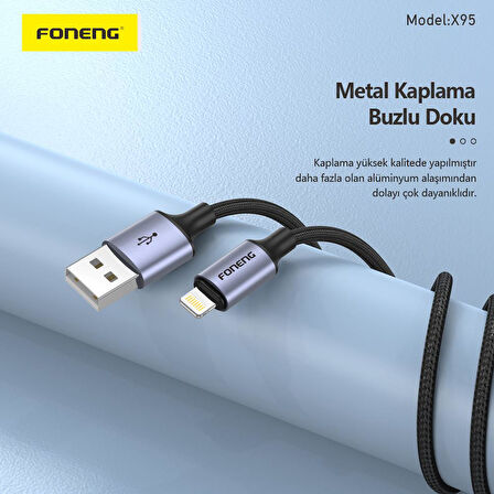 Foneng X95 3A Usb to Lightning Şarj Data Kablosu İp Örgülü 1,2m Siyah