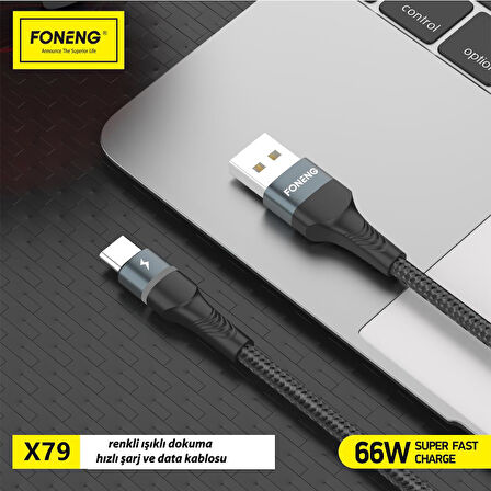 Foneng X79 66W Led Işıklı Usb To Type-C Şarj Ve Data Kablosu İp Örgülü