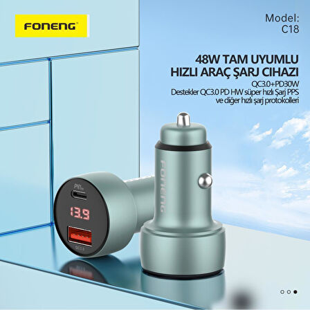 Foneng C18 48W 1xusb 1xtype-C Girişli Dijital Göstergeli Araç Içi Çakmaklık Şarj Aleti