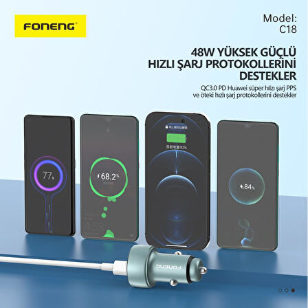 Foneng C18 48W 1xusb 1xtype-C Girişli Dijital Göstergeli Araç Içi Çakmaklık Şarj Aleti