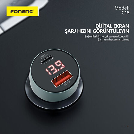Foneng C18 48W 1xusb 1xtype-C Girişli Dijital Göstergeli Araç Içi Çakmaklık Şarj Aleti