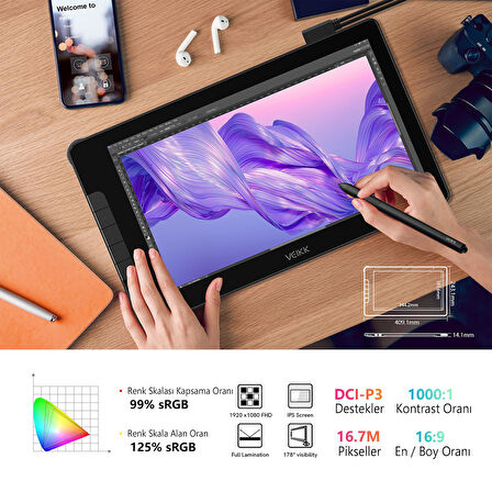 Veikk VK1600 16384 Levels 5080 LPI 15.6" FHD IPS Grafik Tablet + 2 Adet Kalem