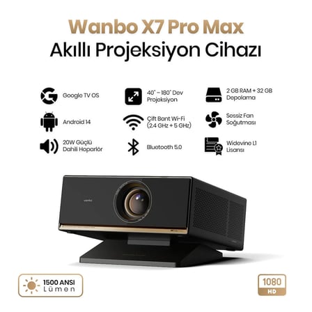 Wanbo X7 Pro Max Google TV Projeksiyon Cihazı, 1500 ANSI Lümen, Full HD 1080p, 4K Destekli, Otomatik Odaklama