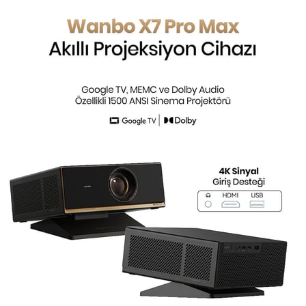 Wanbo X7 Pro Max Google TV Projeksiyon Cihazı, 1500 ANSI Lümen, Full HD 1080p, 4K Destekli, Otomatik Odaklama