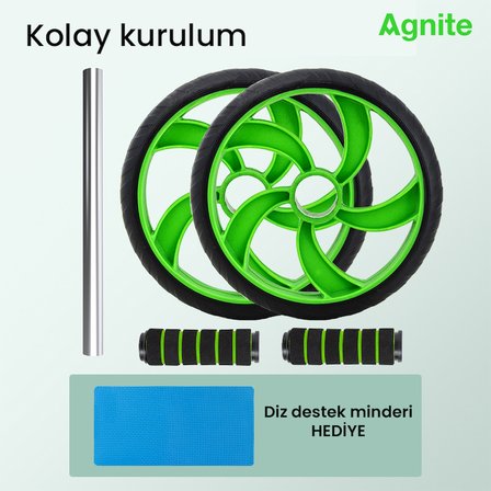 AGNITE Çift Tekerlekli Karın Egzersiz Tekerleği Diz Pedli Fitness Yeşil