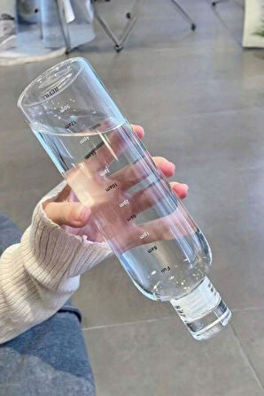 Porsima 2407 Cam Su Şişesi Su İçme Saatli Matara Suluk 750 Ml