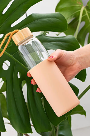 Porsima 2409-1 Matara 550 ml - Bambu Kapaklı Suluk Cappuccino Kılıflı Borasilikat Cam Su Şişesi