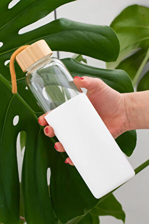 Porsima 2409-4 Matara 550 ml - Bambu Kapaklı Suluk Beyaz Kılıflı Borasilikat Cam Su Şişesi