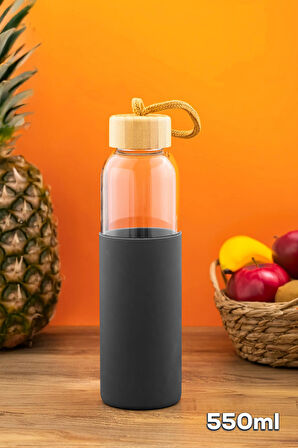 Porsima 2409-5 Matara 550 ml - Bambu Kapaklı Suluk Antrasit Kılıflı Borasilikat Cam Su Şişesi