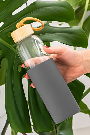 Porsima 2409-5 Matara 550 ml - Bambu Kapaklı Suluk Antrasit Kılıflı Borasilikat Cam Su Şişesi