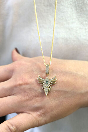 Yeşil Taşlı Anka Kuşu Altın Kolye