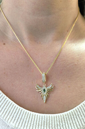 Yeşil Taşlı Anka Kuşu Altın Kolye