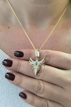 Yeşil Taşlı Anka Kuşu Altın Kolye