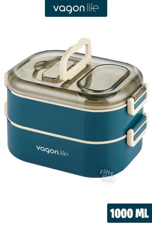 Vagon 1000 ML İki Kat Üç Bölme Paslanmaz Çelik Bento Lunch Box Yeni Nesil Sefer Tası-Sos Kaseli - Lacivert - VGN-7081