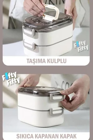 Vagon 1000 ML İki Kat Üç Bölme Paslanmaz Çelik Bento Lunch Box Yeni Nesil Sefer Tası-Sos Kaseli - Lacivert - VGN-7081