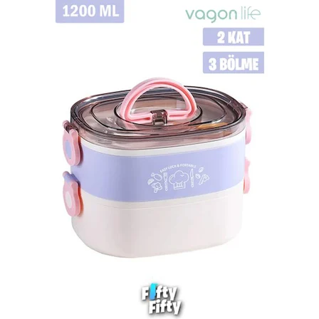 Vagonlife 1200 ml Iki Kat Üç Bölme Paslanmaz Çelik Bento Lunch Box Yeni Nesil Sefer Tası BL-50251 Mor