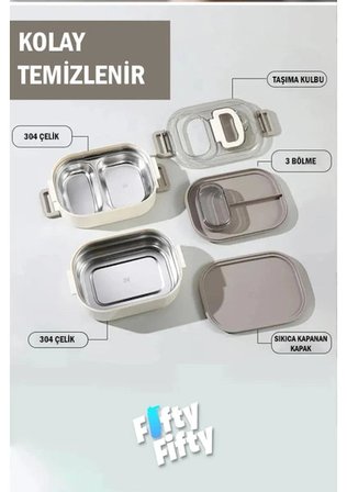 Vagonlife 1000 ML İki Kat Üç Bölme Paslanmaz Çelik Bento Lunch Box Yeni Nesil Sefer Tası-Sos Kaseli 7081