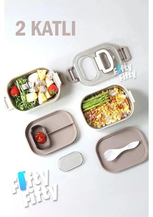 Vagonlife 1000 ML İki Kat Üç Bölme Paslanmaz Çelik Bento Lunch Box Yeni Nesil Sefer Tası-Sos Kaseli 7081