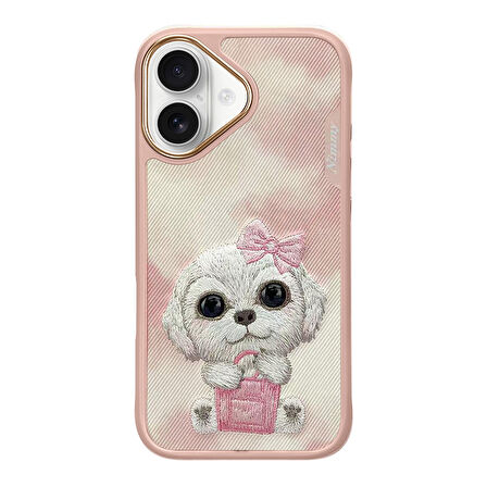 iPhone 16 Uyumlu 3D Göz Pembe Köpek Detaylı Gerçek Nakış İşlemeli Kabartmalı New Big Eyes Kılıf