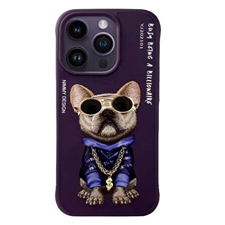 iPhone 14 Pro HipHop Serisi Köpek Nakış işlemeli Zincir Detaylı Kılıf Mor