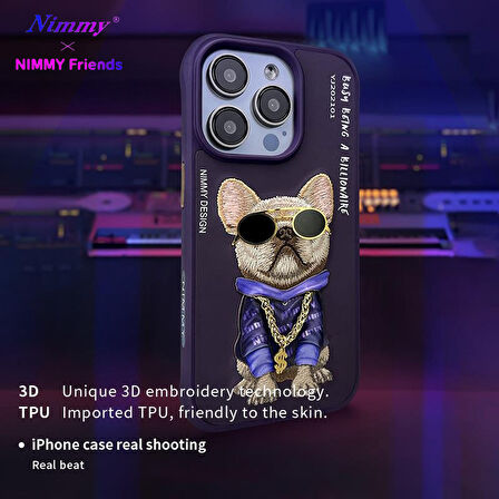 iPhone 13 Pro Uyumlu 3D Gözlük Zincir Mor Köpek Detaylı Nakış İşlemeli Kabartmalı Cool Glasses Kılıf