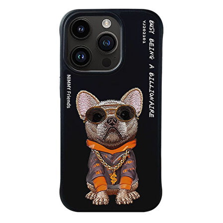 iPhone 15 Pro Uyumlu 3D Gözlük Zincir Köpek Detaylı Nakış İşlemeli Kabartmalı Cool Glasses Kılıf