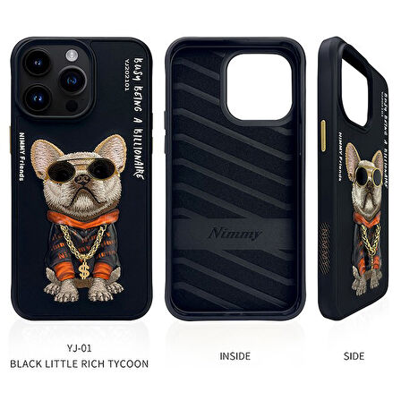 iPhone 15 Pro Uyumlu 3D Gözlük Zincir Köpek Detaylı Nakış İşlemeli Kabartmalı Cool Glasses Kılıf