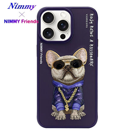 iPhone 15 Pro Uyumlu 3D Gözlük Zincir Mor Köpek Detaylı Nakış İşlemeli Kabartmalı Cool Glasses Kılıf