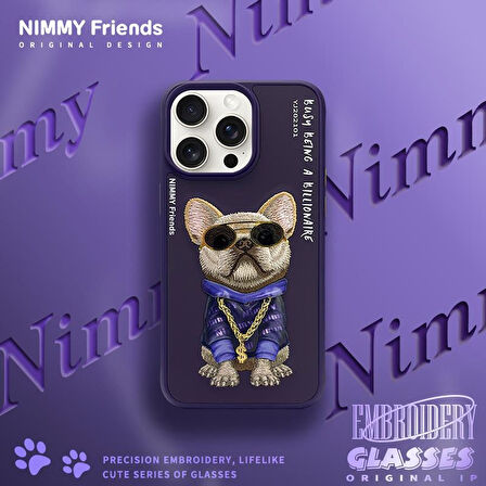 iPhone 15 Pro Uyumlu 3D Gözlük Zincir Mor Köpek Detaylı Nakış İşlemeli Kabartmalı Cool Glasses Kılıf