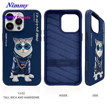 iPhone 15 Pro Uyumlu 3D Gözlük Zincir Handsome Kedi Nakış İşlemeli Kabartmalı Cool Glasses Kılıf