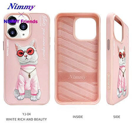 iPhone 15 Pro Uyumlu 3D Gözlük Zincir White Kedi Nakış İşlemeli Kabartmalı Cool Glasses Kılıf