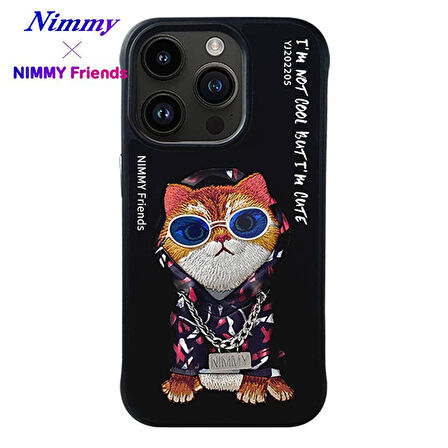 iPhone 15 Pro Max Uyumlu 3D Gözlük Zincir Hipster Kedi Nakış İşlemeli Kabartmalı Cool Glasses Kılıf