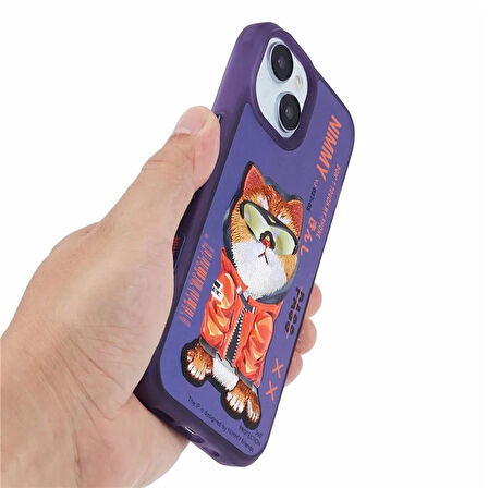 iPhone 15 Uyumlu 3D Gözlük Mont Kedi Detaylı Nakış İşlemeli Kabartmalı Dazzle Kılıf