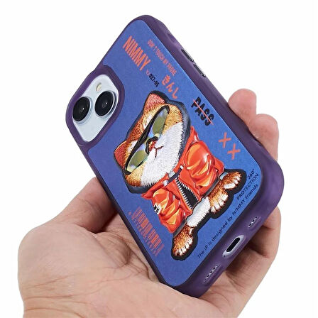 iPhone 15 Uyumlu 3D Gözlük Mont Kedi Detaylı Nakış İşlemeli Kabartmalı Dazzle Kılıf