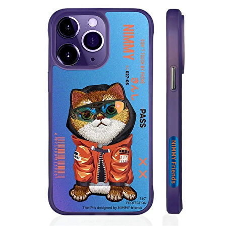 iPhone 15 Pro Max Uyumlu 3D Gözlük Mont Kedi Detaylı Nakış İşlemeli Kabartmalı Dazzle Kılıf