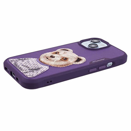 iPhone 15 Uyumlu 3D Kıyafet Mor Ayıcık Detaylı Nakış İşlemeli Kabartmalı Fashion Pet Kılıf