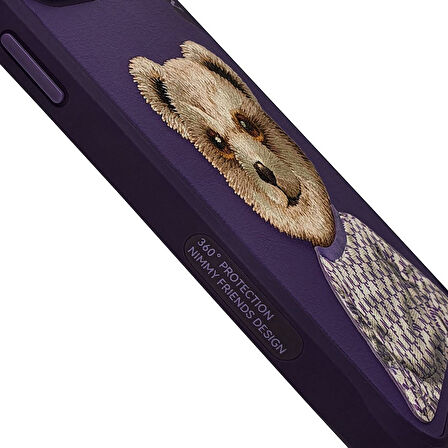 iPhone 15 Pro Max Uyumlu 3D Kıyafet Mor Ayıcık Detaylı Nakış İşlemeli Kabartmalı Fashion Pet Kılıf