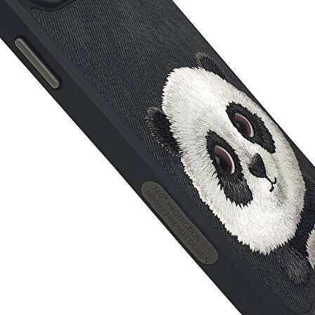 iPhone 15 Pro Max Uyumlu 3D Göz Panda Detaylı Gerçek Nakış İşlemeli Kabartmalı Big Eyes Kılıf