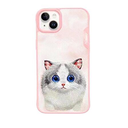 iPhone 15 Big Eyes Serisi Kedi Nakış Işlemeli 3D Detaylı Kılıf Pembe