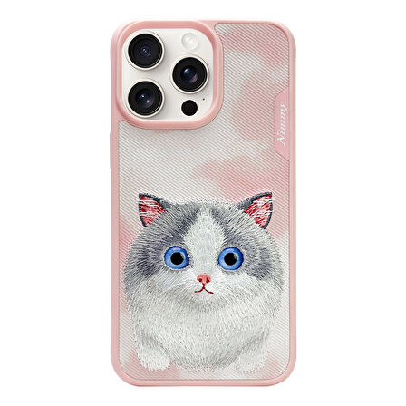 iPhone 15 Pro Uyumlu 3D Göz Kedi Detaylı Gerçek Nakış İşlemeli Kabartmalı Big Eyes Kılıf
