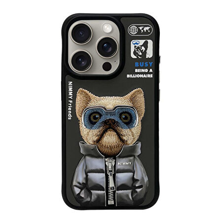 iPhone 15 Pro Uyumlu 3D Gözlük Fermuar Köpek Detaylı Nakış İşlemeli Kabartmalı Cool Cute Kılıf