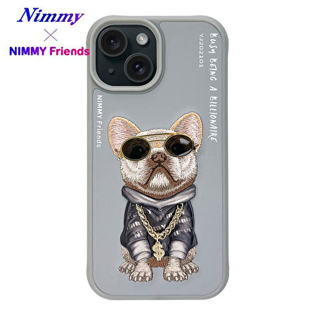iPhone 15 Uyumlu 3D Gözlük Dolar Zincir Köpek Detaylı Nakış İşlemeli Kabartmalı Cool Glasses Kılıf