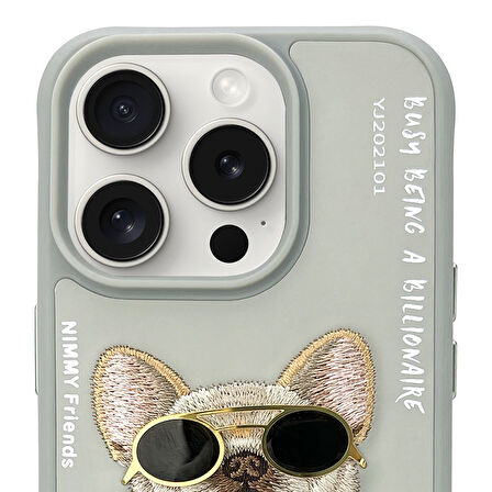 iPhone 15 Pro Uyumlu 3D Gözlük Dolar Zincir Köpek Nakış İşlemeli Kabartmalı Cool Glasses Kılıf