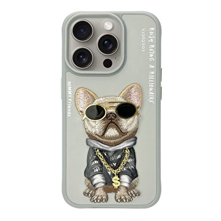 iPhone 15 Pro Max Uyumlu 3D Gözlük Dolar Zincir Köpek Nakış İşlemeli Kabartmalı Cool Glasses Kılıf