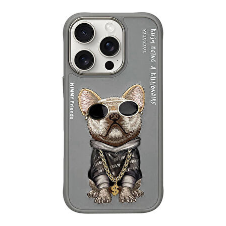 iPhone 16 Pro Uyumlu 3D Gözlük Dolar Zincir Köpek Nakış İşlemeli Kabartmalı Cool Glasses Kılıf