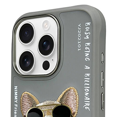 iPhone 16 Pro Uyumlu 3D Gözlük Dolar Zincir Köpek Nakış İşlemeli Kabartmalı Cool Glasses Kılıf