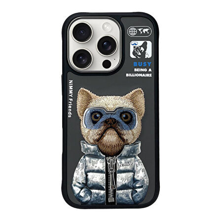 iPhone 16 Pro Max Uyumlu 3D Gözlük Fermuar Köpek Detaylı Nakış İşlemeli Kabartmalı Cool Cute Kılıf