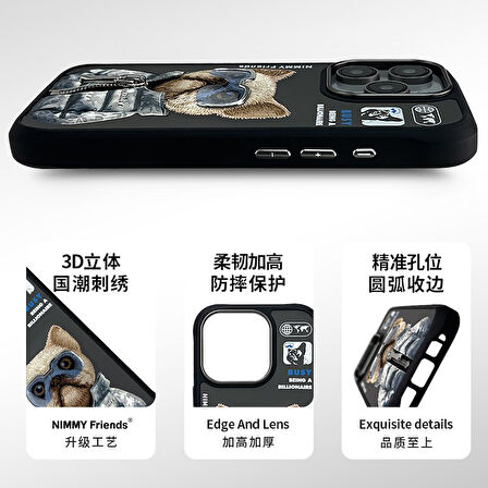 iPhone 16 Pro Max Uyumlu 3D Gözlük Fermuar Köpek Detaylı Nakış İşlemeli Kabartmalı Cool Cute Kılıf