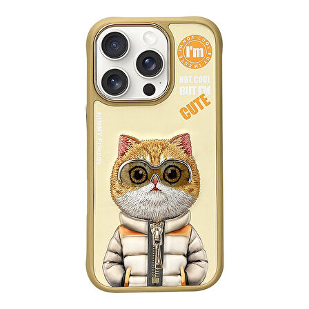 iPhone 16 Pro Uyumlu 3D Gözlük Fermuar Hipster Kedi Nakış İşlemeli Kabartmalı Cool Cute Kılıf